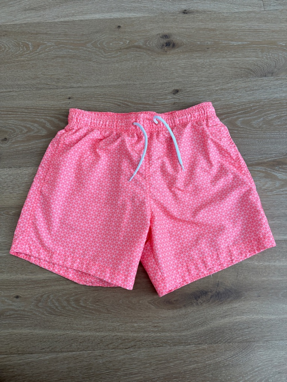 H&M Coral Pink Geometric Swim Shorts with White Mesh Lining